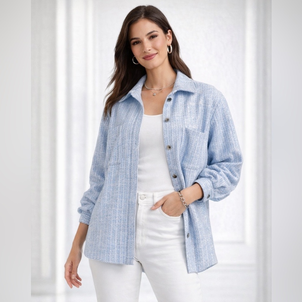 Francesca's Moriah Tweed Light Blue Shacket Button Up Sz. L NWT